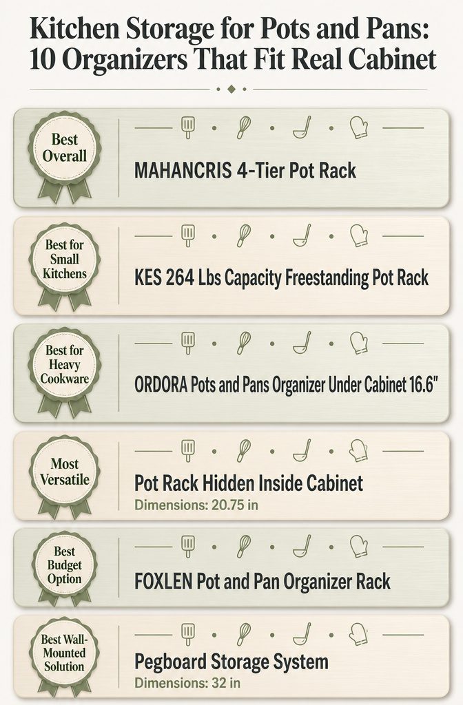 Kitchen Storage for Pots and Pans: 10 Organizers That Fit Real Cabinets 6 An infographic comparing different kitchen storage organizers for pots and pans.