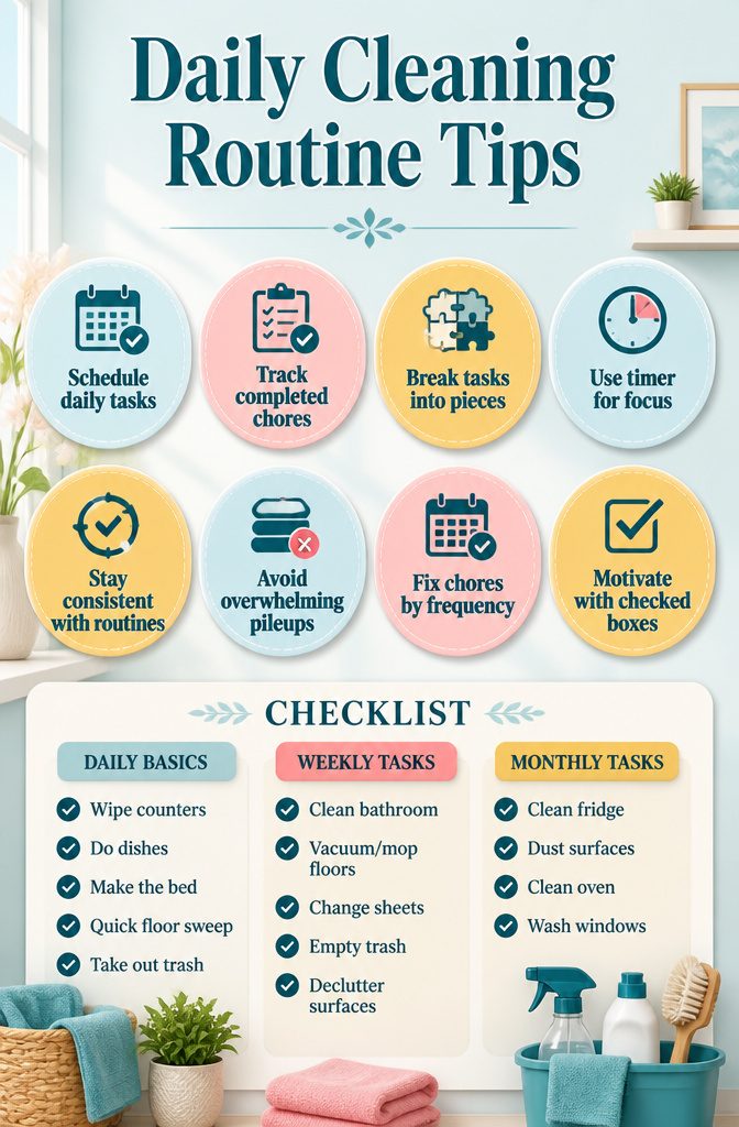 An informative image about daily cleaning routine tips.
