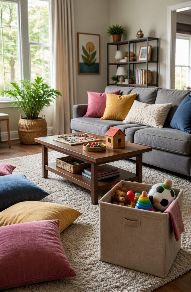 A family-friendly living room with toys and organized storage.