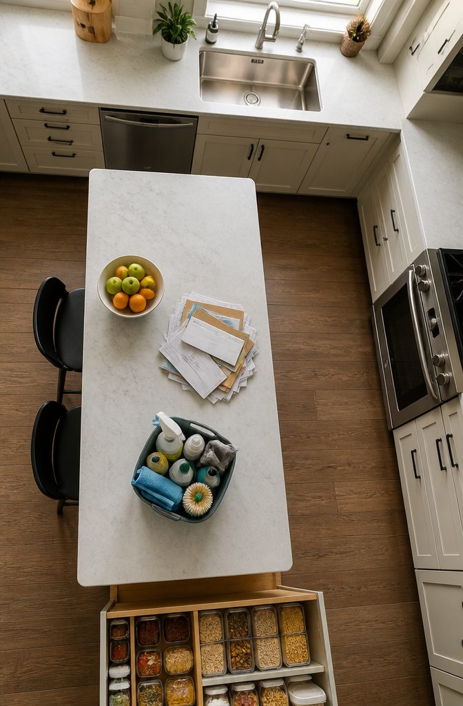 A photo showing cleaning supplies and an organized storage area.