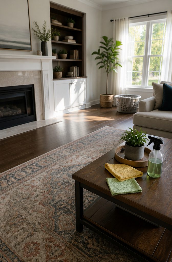 A clean living room with dusting supplies and a vacuum.