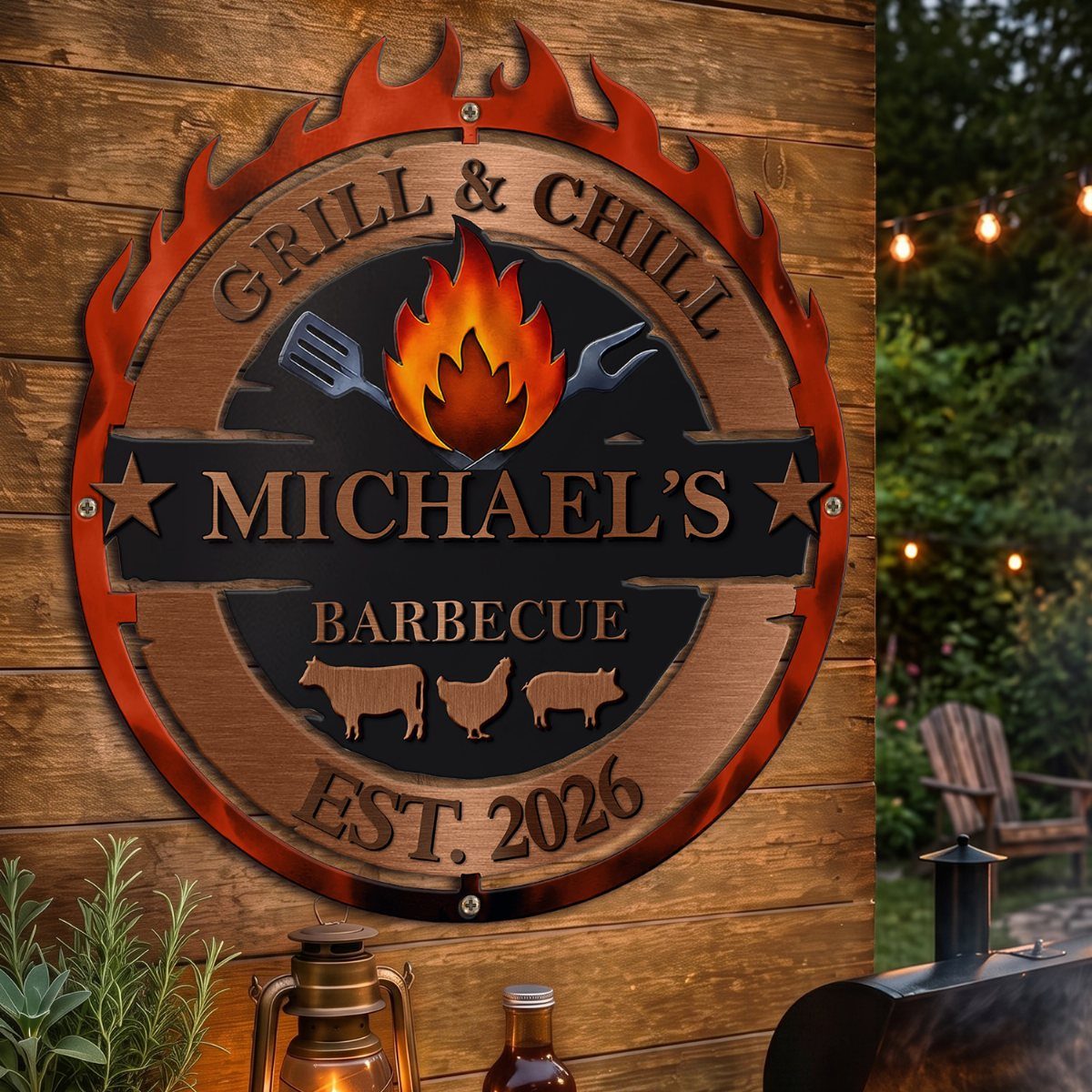 Metal Yard Art Ideas for Your Garden in 7 Styles 3 Custom metal barbecue sign with flame edges mounted on a rustic wooden wall.