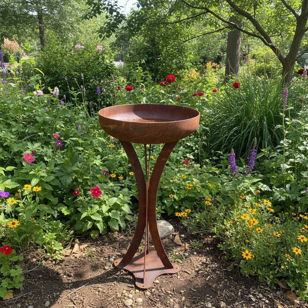 Metal Yard Art Ideas for Your Garden in 7 Styles 7 A rusted metal bird bath stands amidst a vibrant garden of colorful flowers and green plants.