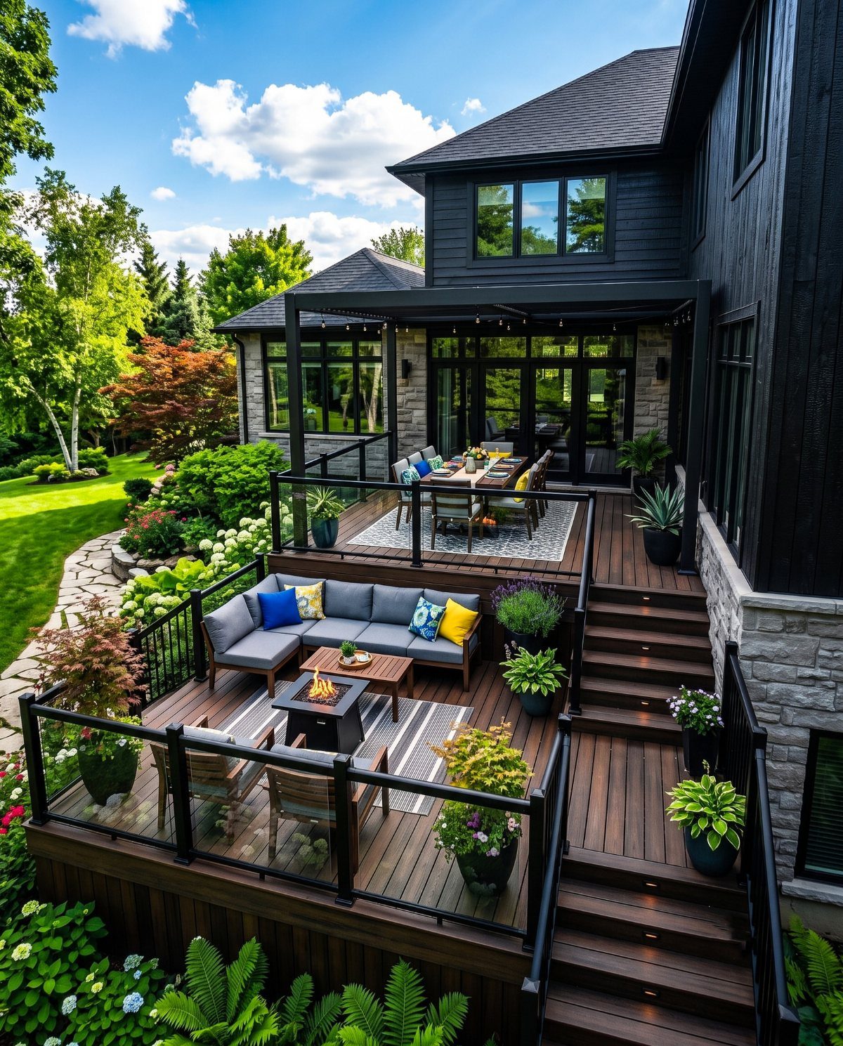 9 Modern Deck with Pergola Ideas for Living, Shade & Dining 2 A multi-level dark wood deck with a dining area and lounge seating attached to a modern black house.