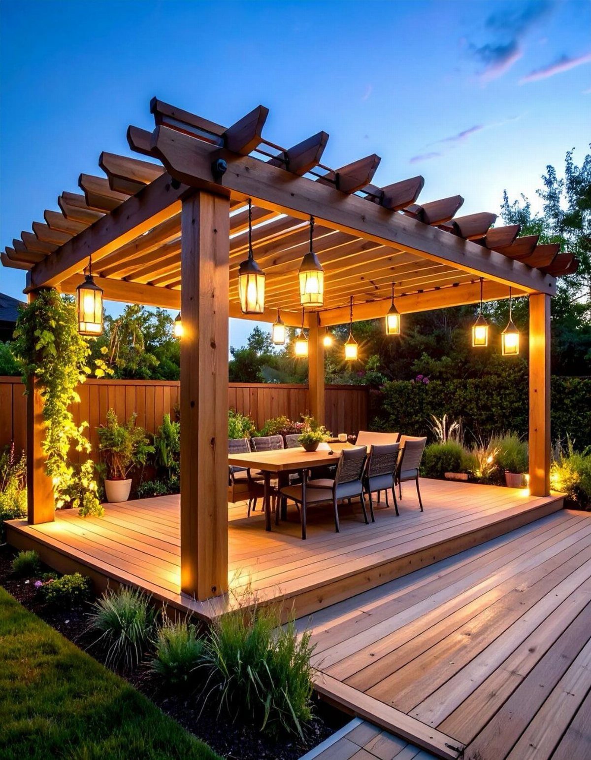 9 Modern Deck with Pergola Ideas for Living, Shade & Dining 1 A wooden freestanding pergola with hanging lanterns over a dining set on a wooden deck.