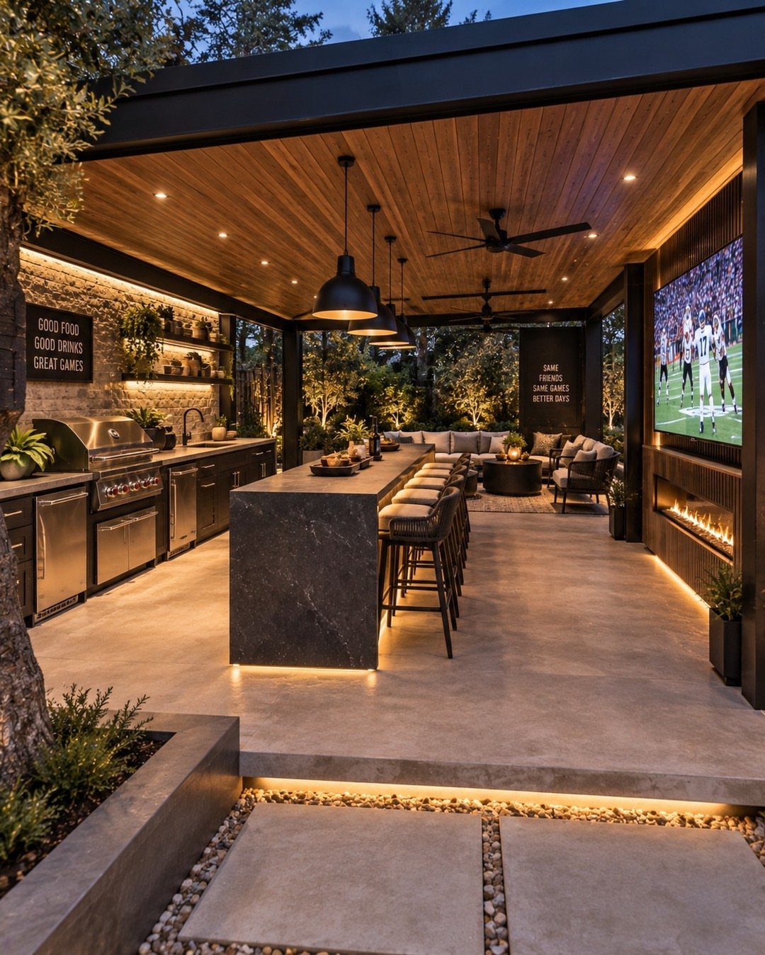9 Modern Deck with Pergola Ideas for Living, Shade & Dining 5 Modern outdoor kitchen with a stone island, stainless steel grill, and lounge area under a wooden ceiling pergola.