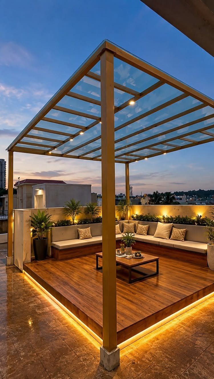 9 Modern Deck with Pergola Ideas for Living, Shade & Dining 6 A modern rooftop deck with a glass pergola, L-shaped sofa, and wooden coffee table.
