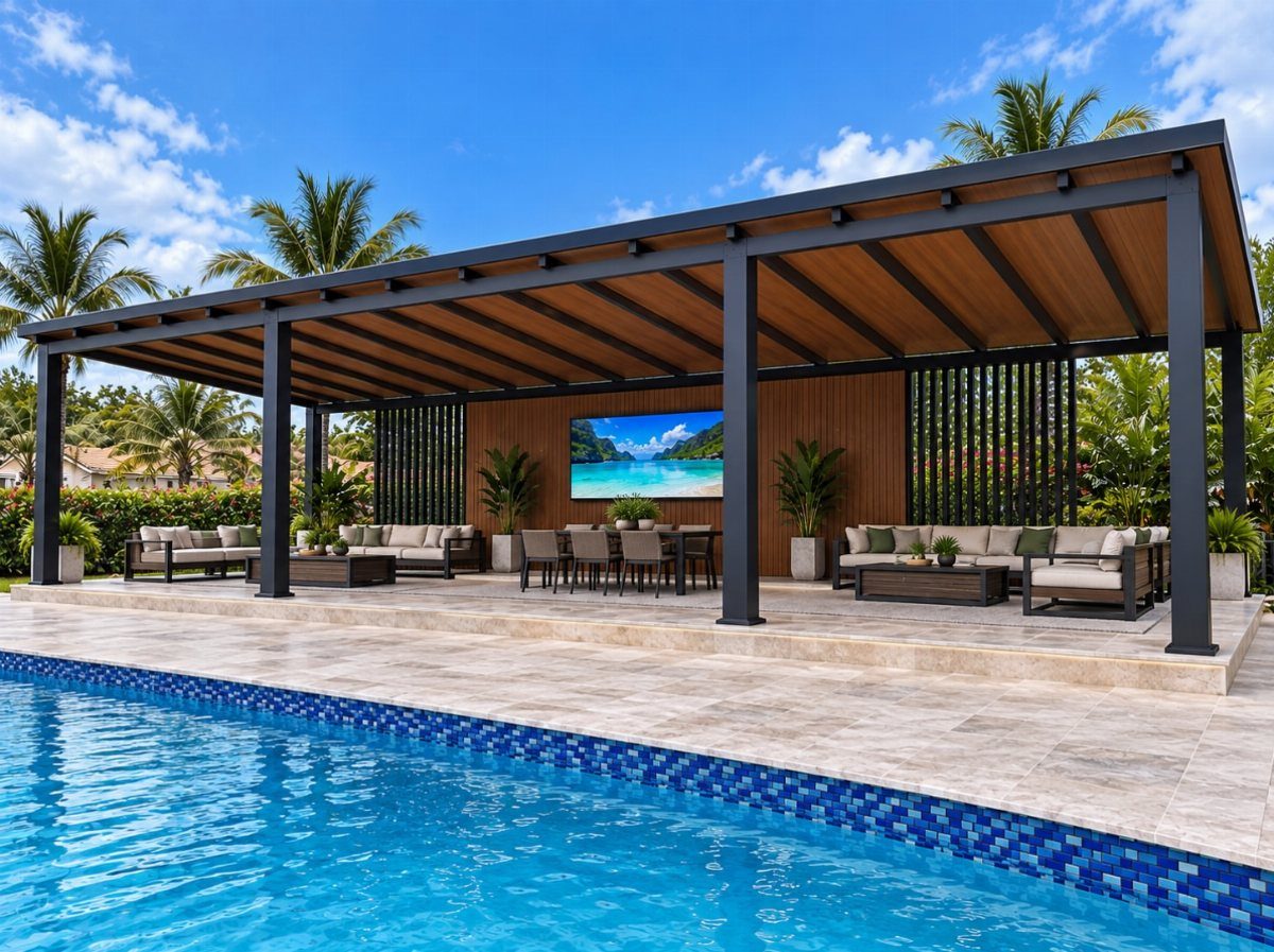 9 Modern Deck with Pergola Ideas for Living, Shade & Dining 7 A modern dark metal pergola with wooden slats overlooking a bright blue swimming pool.