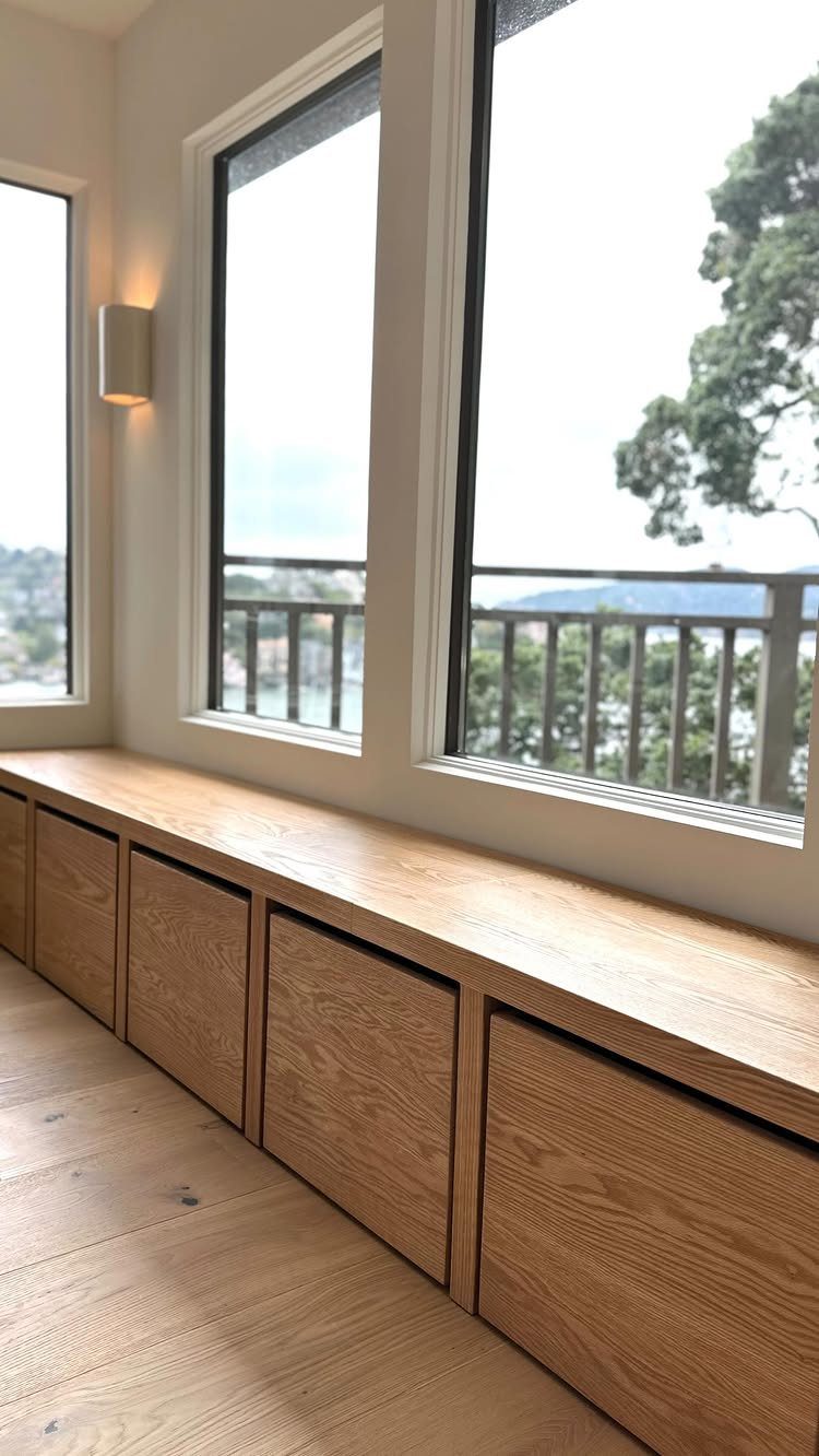 11 No Closet Room Ideas for Clothing Racks, Under-Bed Storage and More 9 Wooden built-in storage bench situated under large windows in a bright room.