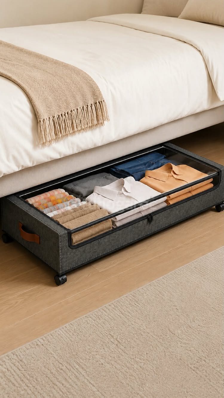 11 No Closet Room Ideas for Clothing Racks, Under-Bed Storage and More 2 A fabric storage bin with a clear lid containing folded clothes sits under a bed.