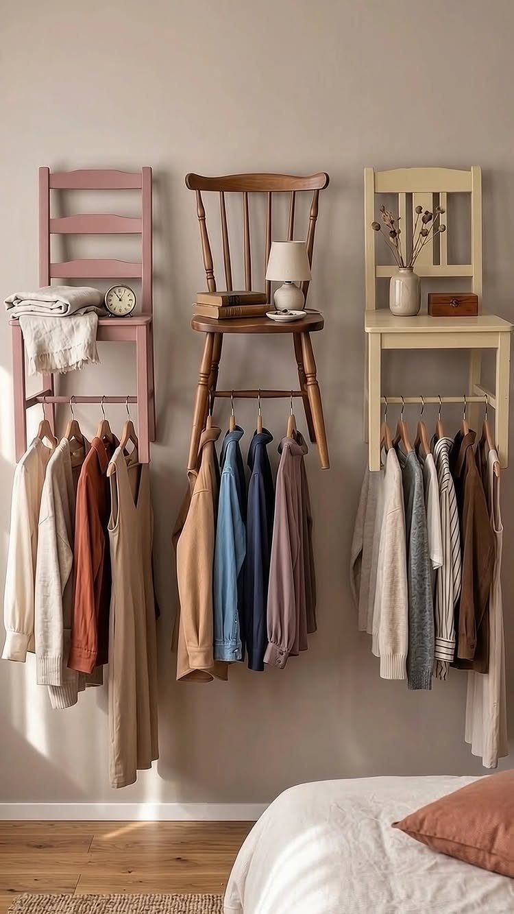 11 No Closet Room Ideas for Clothing Racks, Under-Bed Storage and More 8 Three wooden chairs mounted on a wall serving as unique clothing racks for hanging garments.
