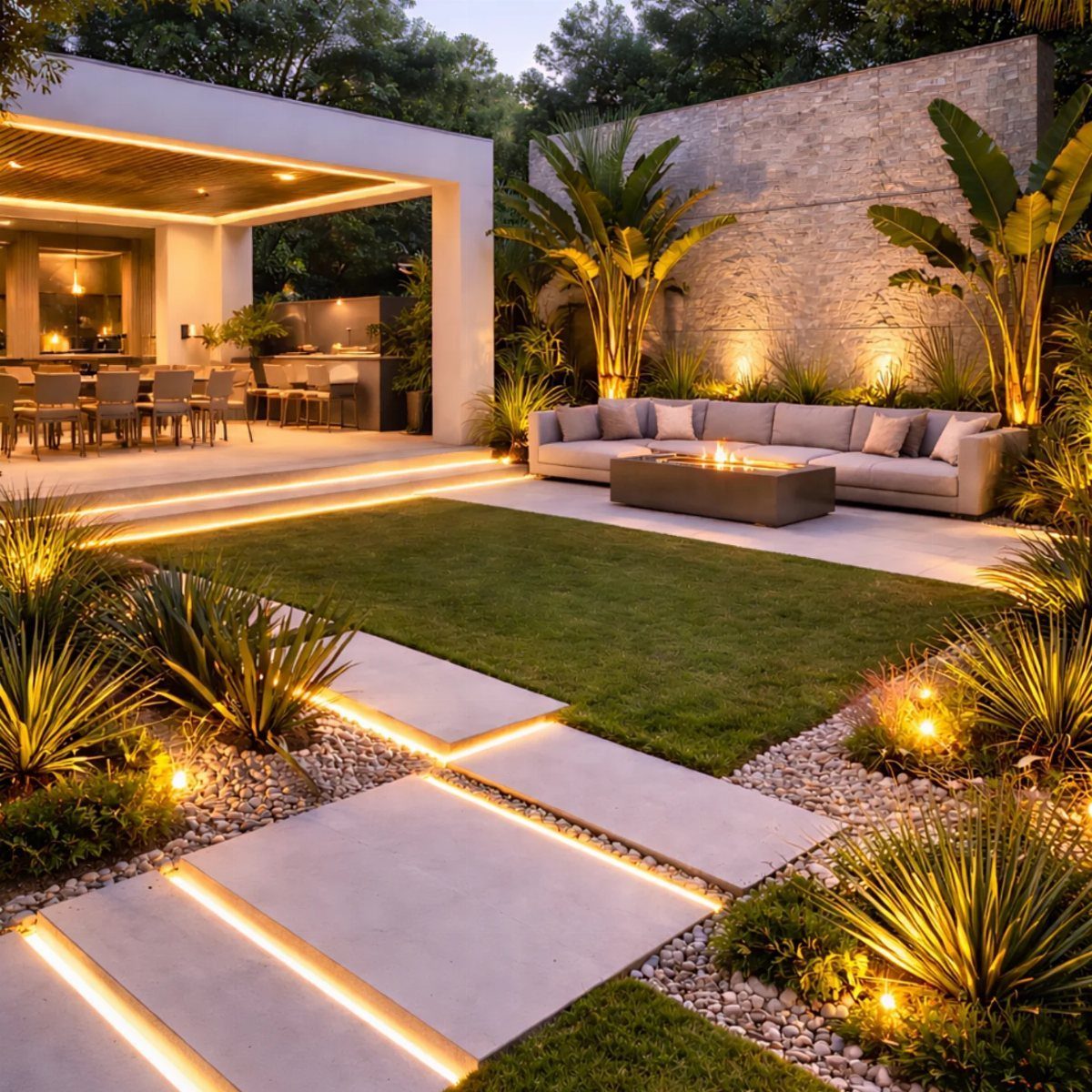 7 Outdoor Lounge Area Ideas for Entertaining and Relaxing 5 Modern outdoor lounge with sectional sofa, fire pit, and glowing integrated walkway lighting.