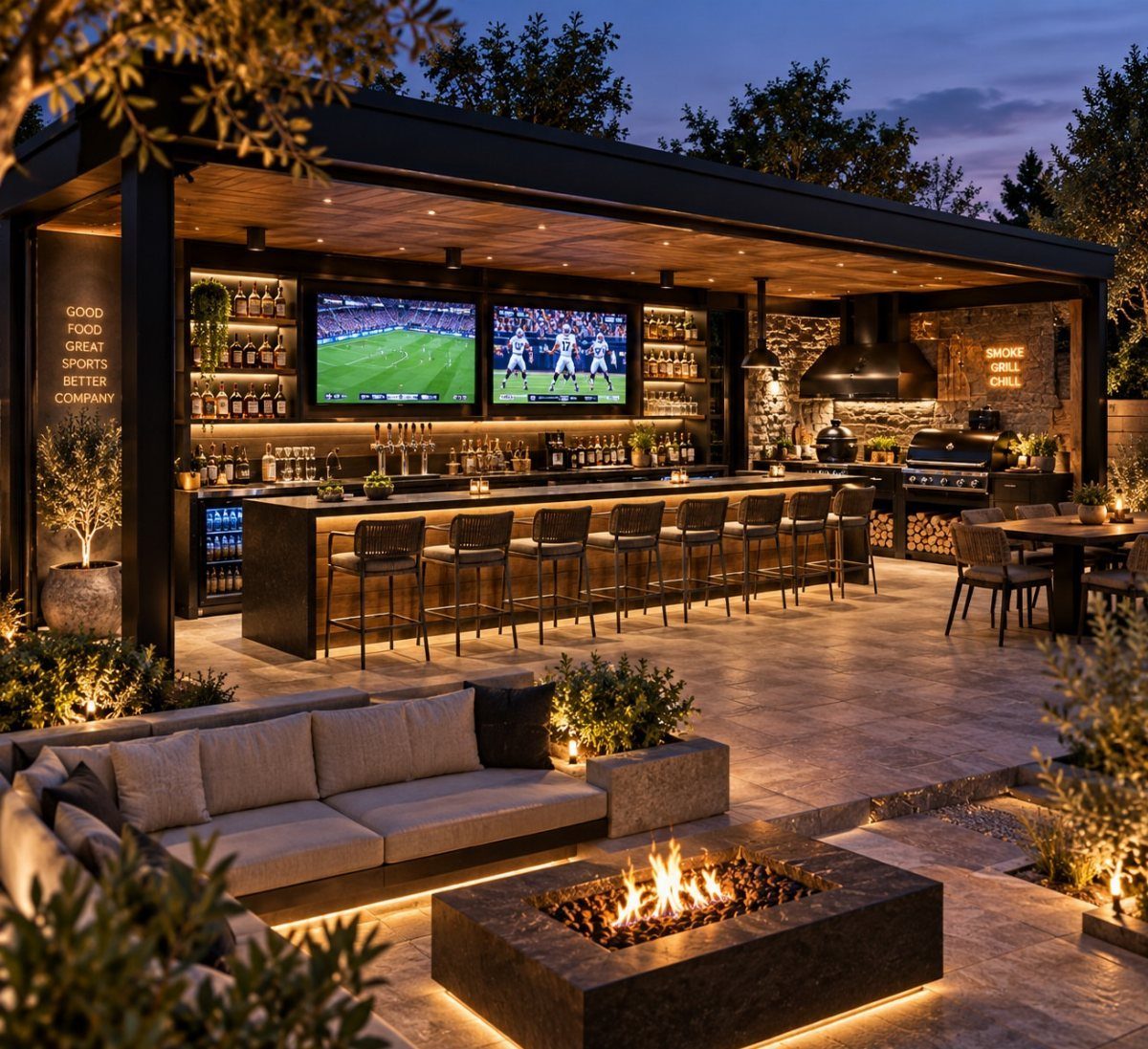 7 Outdoor Lounge Area Ideas for Entertaining and Relaxing 6 Modern outdoor lounge area with a bar, sectional sofa, and a glowing fire pit at twilight.