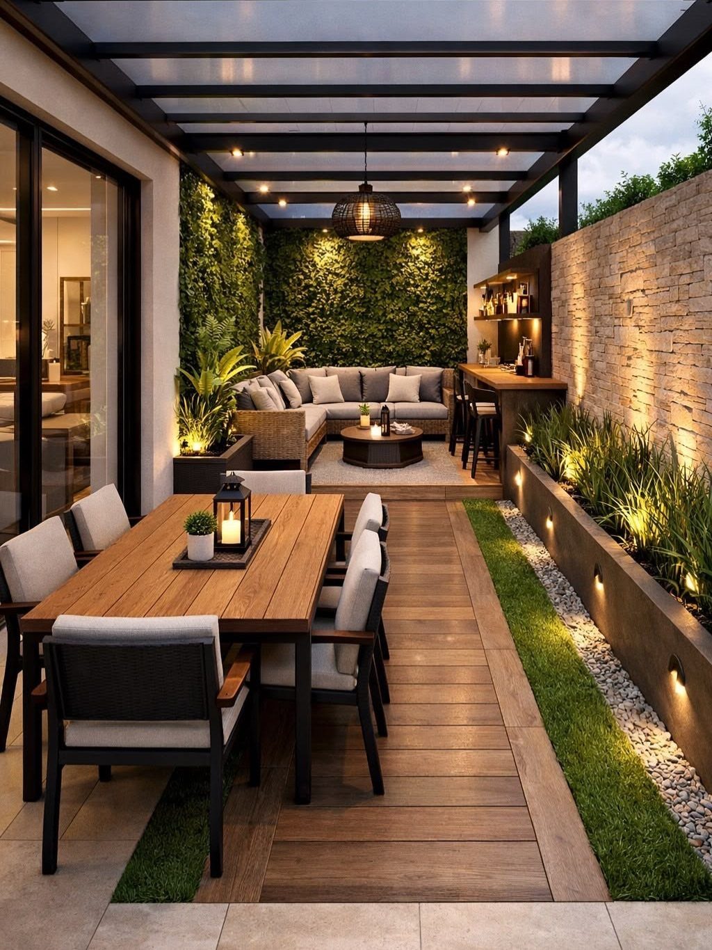 7 Outdoor Lounge Area Ideas for Entertaining and Relaxing 1 Modern outdoor patio with wooden dining set, lounge seating, and a lush green living wall.