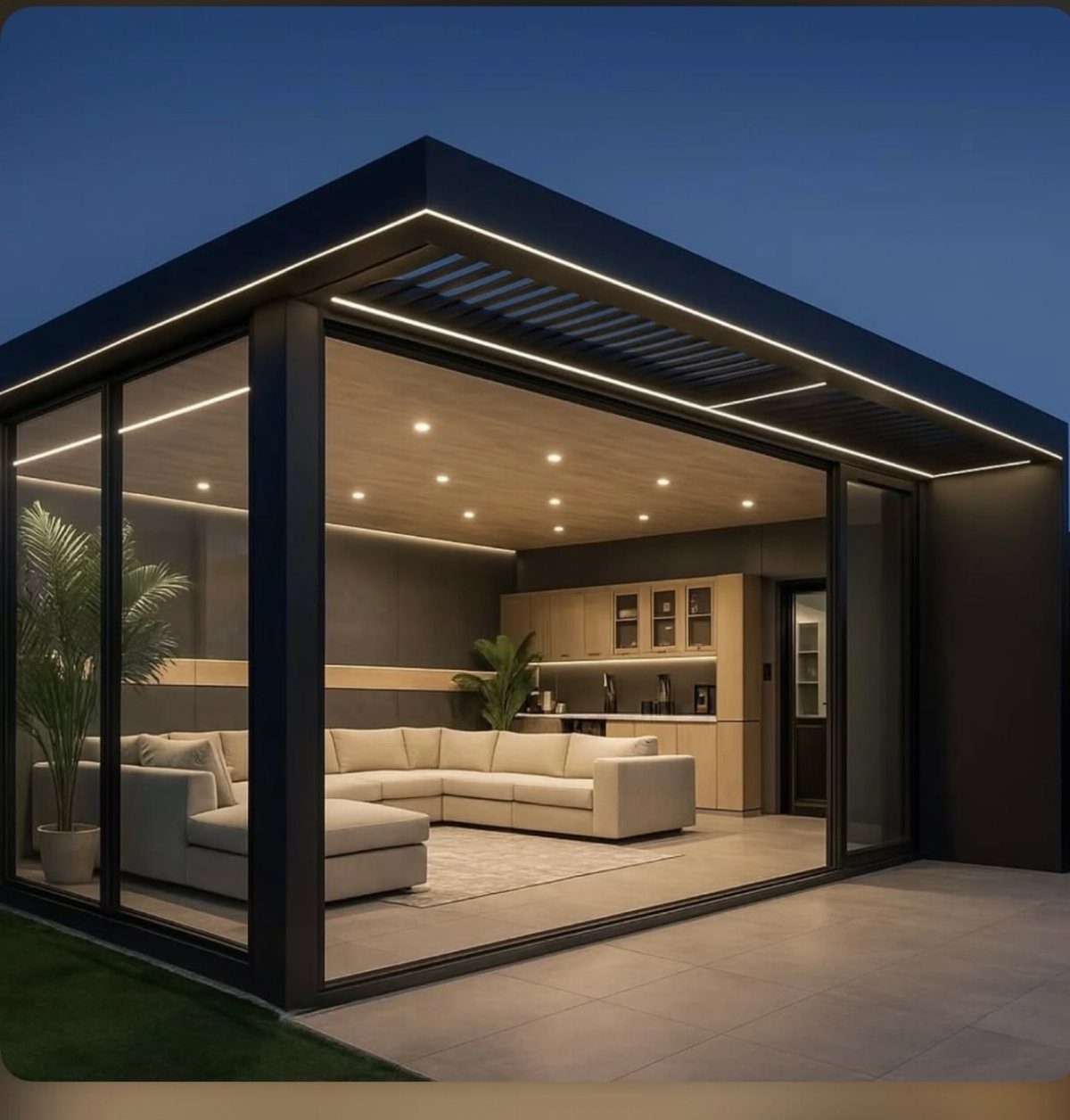 7 Outdoor Lounge Area Ideas for Entertaining and Relaxing 7 Modern outdoor lounge structure with integrated LED lighting and a comfortable cream sectional sofa inside.