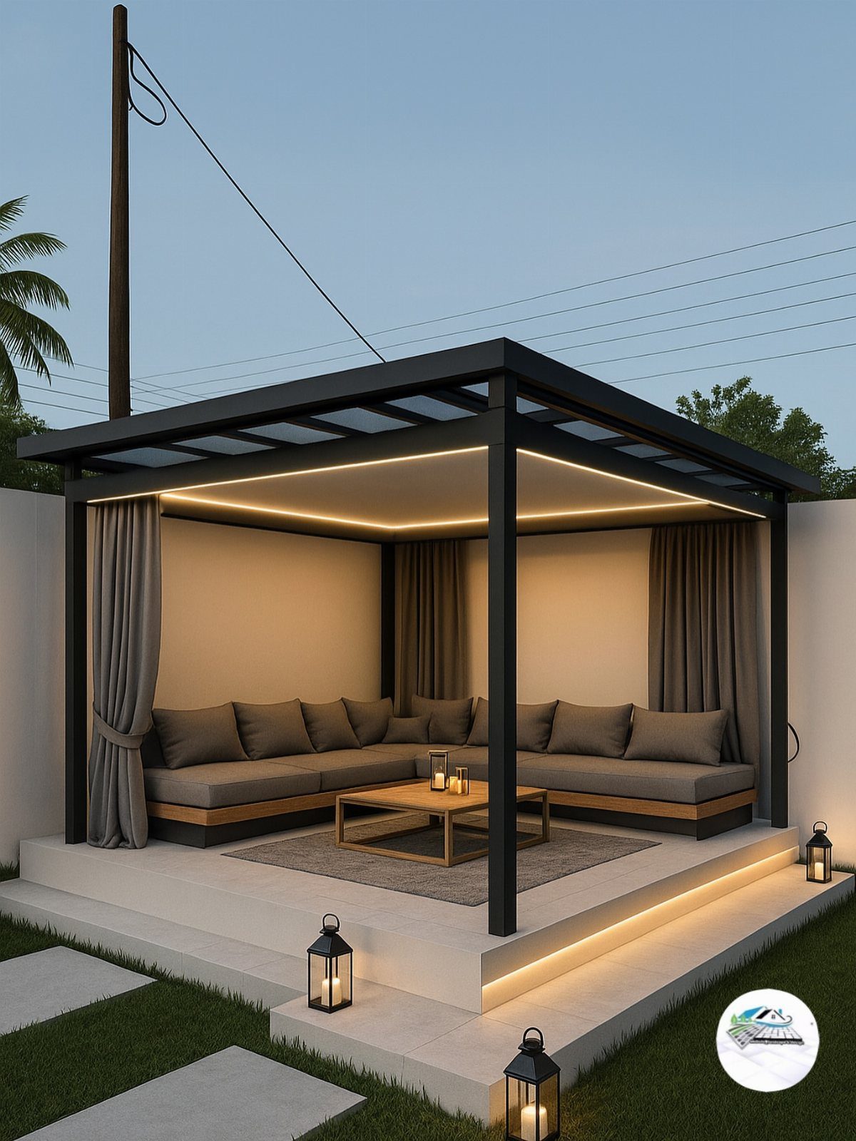 7 Outdoor Lounge Area Ideas for Entertaining and Relaxing 4 Modern outdoor lounge with a dark pergola, sectional sofa, and warm integrated lighting.