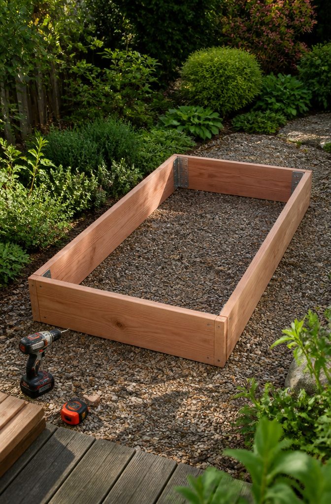 A completed wooden planter box frame with visible corner brackets.