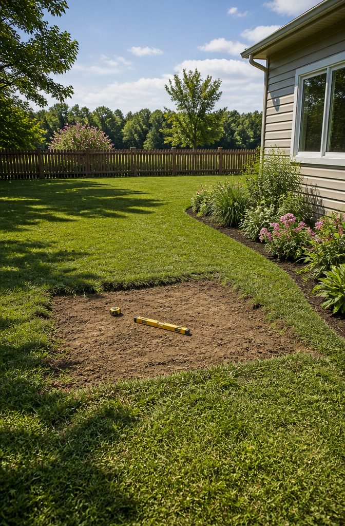 A sunny garden area with clear ground, suitable for a planter box.