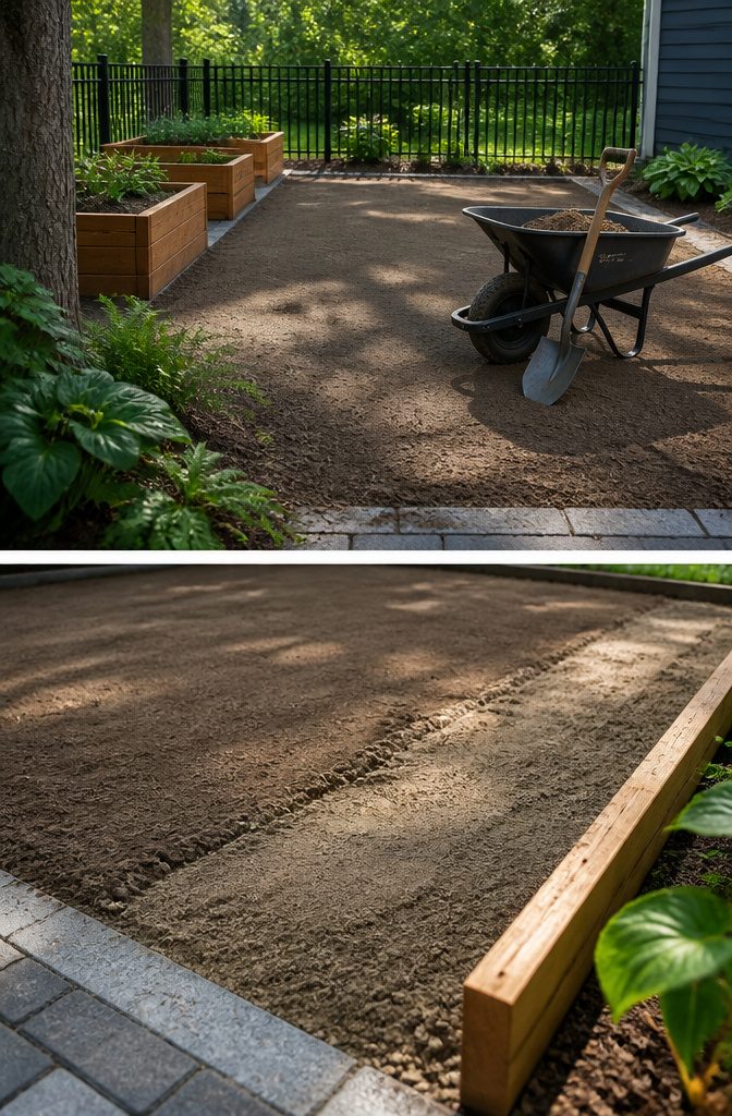 Cleared ground prepared for a planter box garden, showing flat soil.