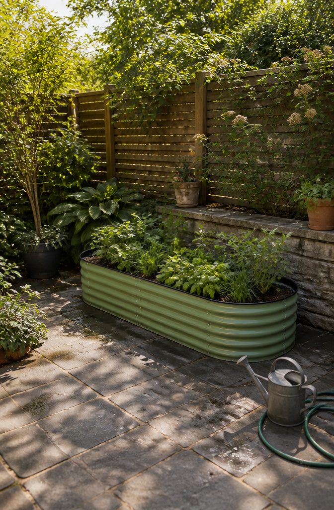 A raised planter box garden requiring regular watering to stay hydrated.