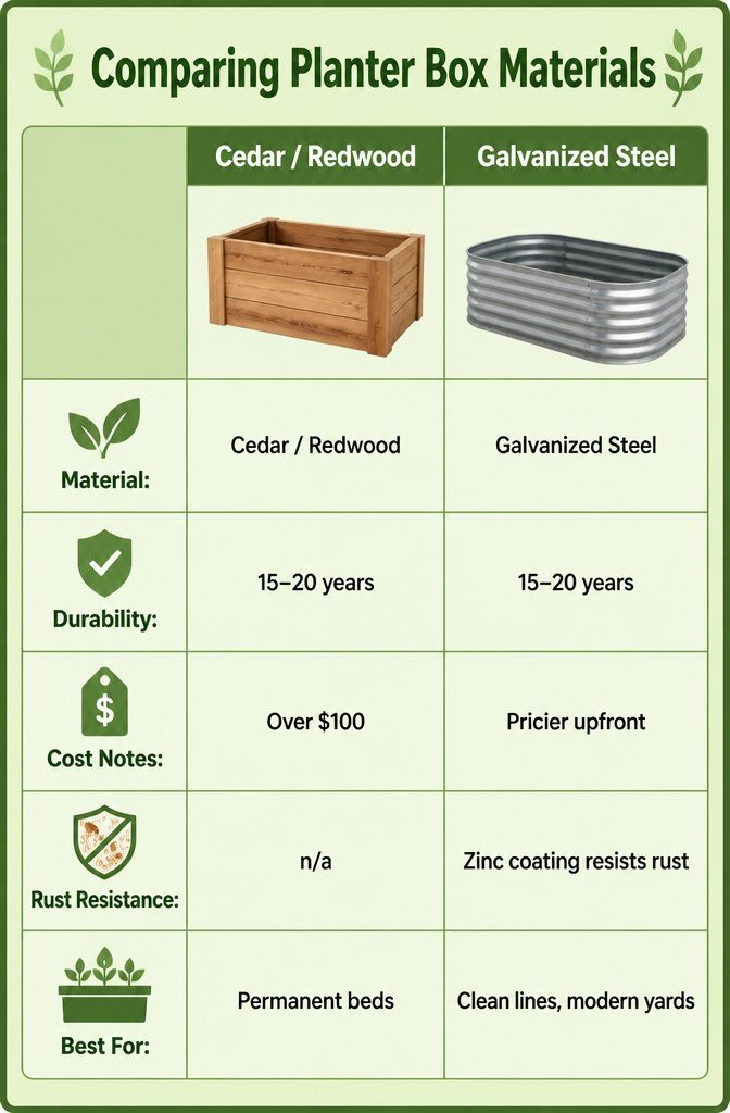 A chart comparing different materials for planter boxes and their features.