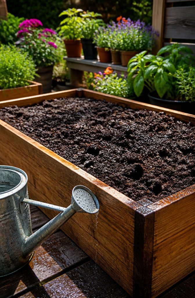 A freshly watered planter box ready for planting vegetables.