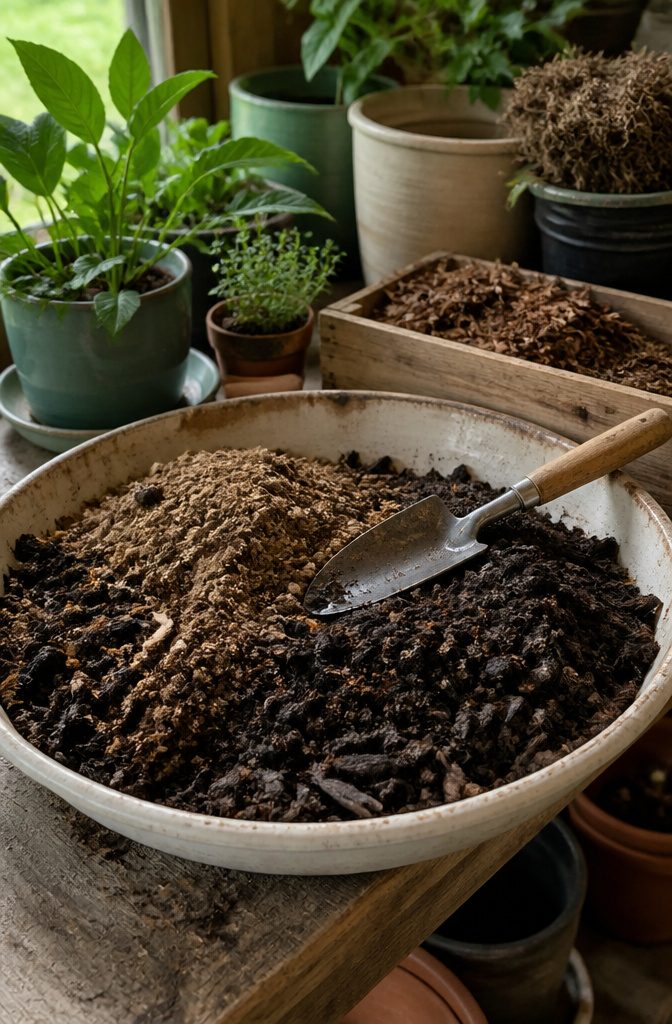 Close-up of soil texture showing topsoil and compost layers.