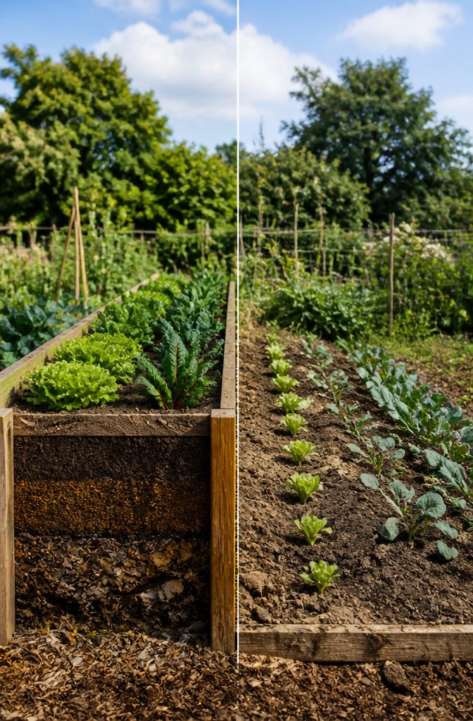 A raised planter box garden demonstrating soil management benefits.