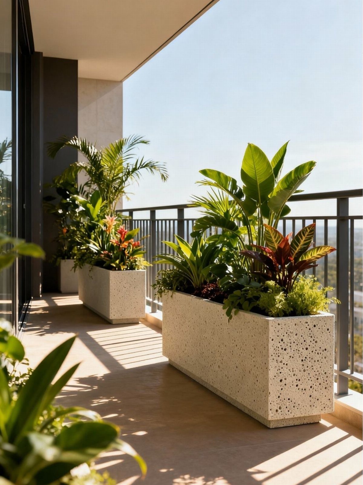 13 Planter Boxes Ideas for Your Porch, Deck and Garden 9 Two rectangular stone planters filled with tropical green plants on a sunny balcony.