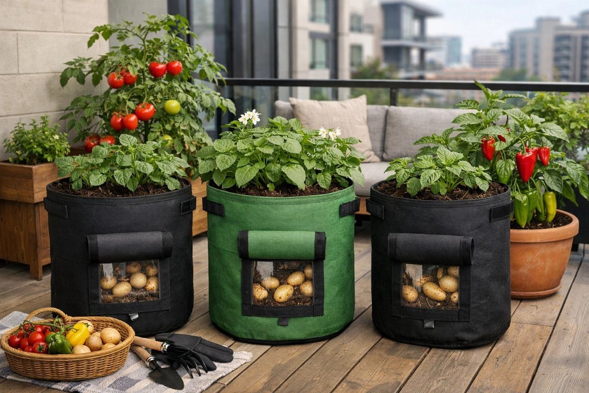 13 Planter Boxes Ideas for Your Porch, Deck and Garden 6 Three fabric grow bags with clear windows displaying potatoes growing inside on a wooden deck.