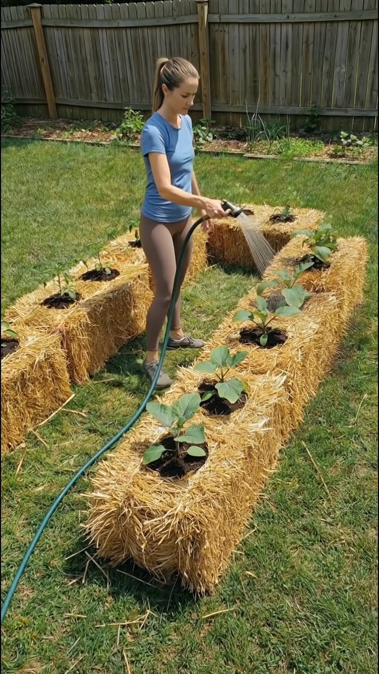 13 Planter Boxes Ideas for Your Porch, Deck and Garden 7 A woman waters small green plants growing from straw bales arranged on a lawn.