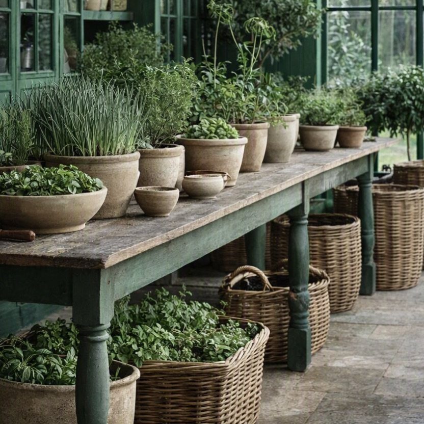 17 Pot Plants for Outdoor Spaces: Ideas That Thrive in Containers 13 Various potted green plants and herbs arranged on a long wooden table in a garden setting.