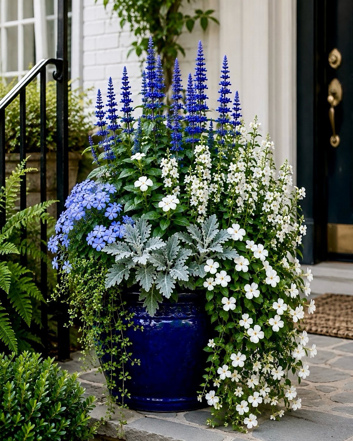 17 Pot Plants for Outdoor Spaces: Ideas That Thrive in Containers 5 Blue and white flowering plants arranged in a large, glossy cobalt blue ceramic container.