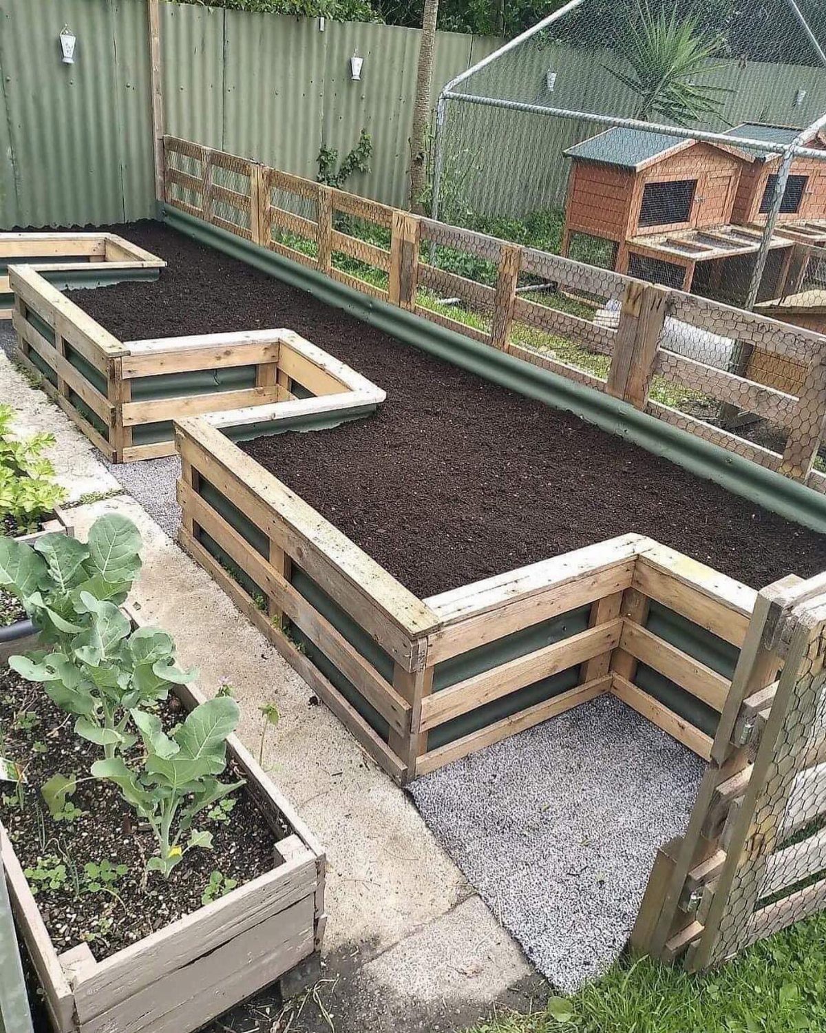 14 Raised Garden Bed Ideas for Cedar, Stone, Metal & More 8 Angular wooden raised garden beds filled with dark soil in an outdoor backyard setting.