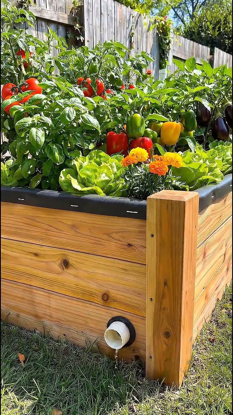 14 Raised Garden Bed Ideas for Cedar, Stone, Metal & More 4 Wooden raised garden bed overflowing with colorful peppers, leafy greens, and bright orange flowers.