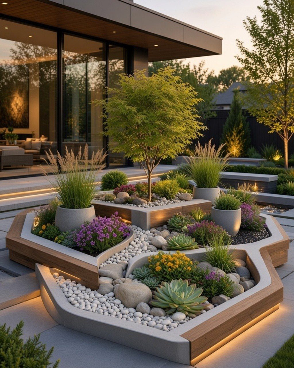 14 Raised Garden Bed Ideas for Cedar, Stone, Metal & More 10 Tiered modern garden beds with succulents and ornamental grasses on a contemporary stone patio.