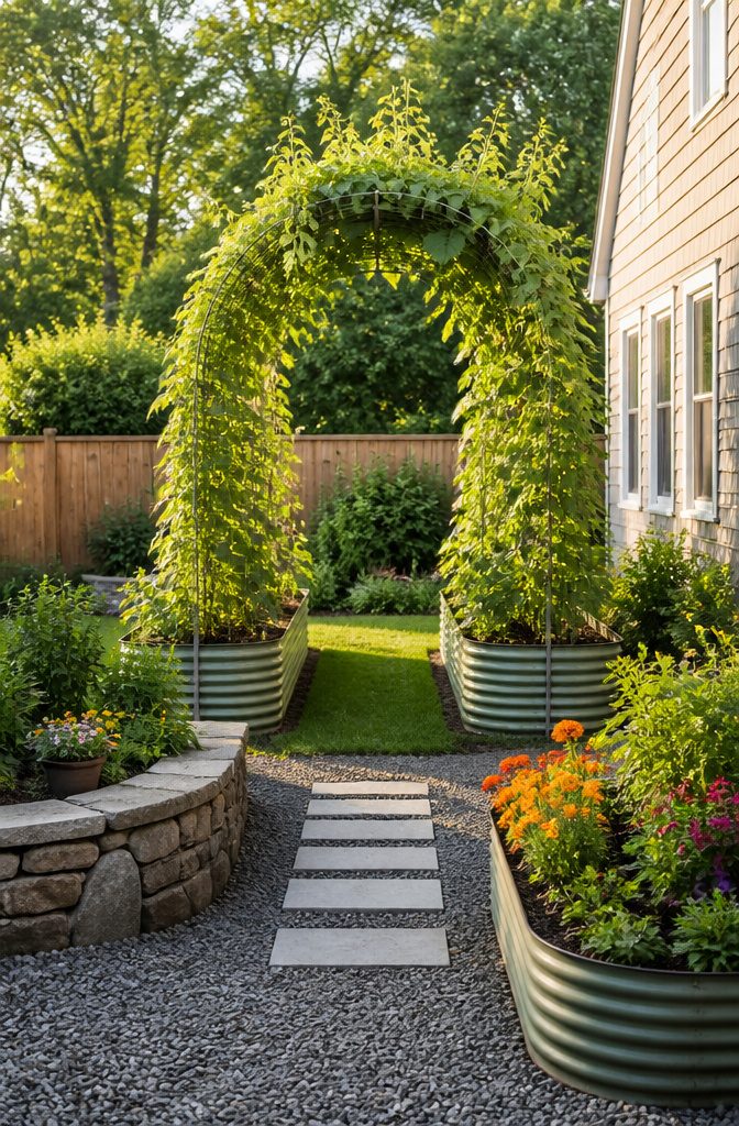 Raised Garden Bed Trellis: 6 Ways to Add Vertical Support 8 An arch trellis between two raised beds filled with plants.