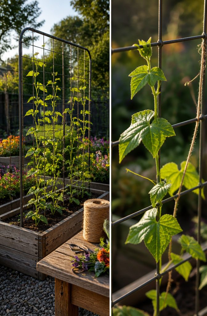 Raised Garden Bed Trellis: 6 Ways to Add Vertical Support 5 Garden twine supports young vines on a trellis.