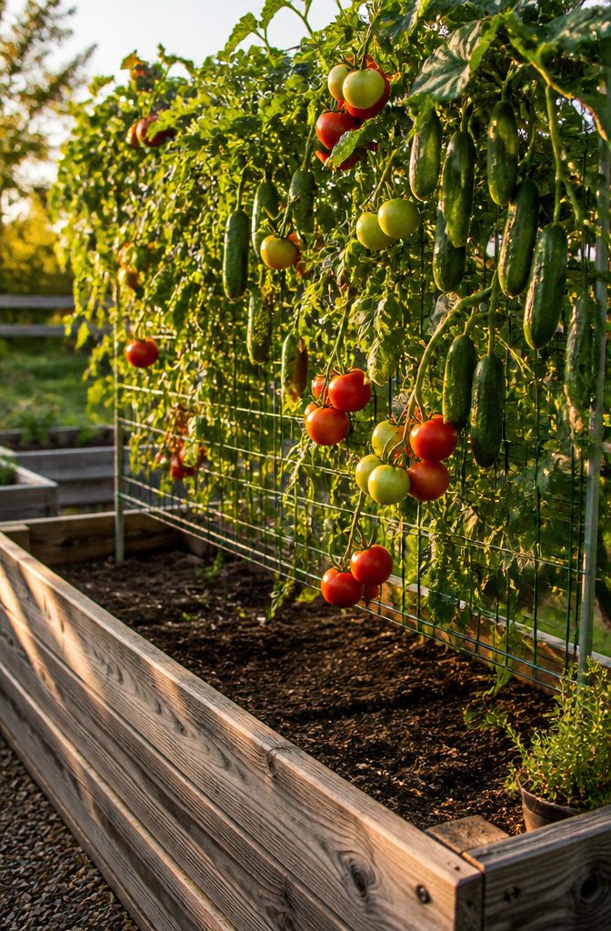 Raised Garden Bed Trellis: 6 Ways to Add Vertical Support 6 Cucumbers and tomatoes growing on a trellis for easy harvesting.