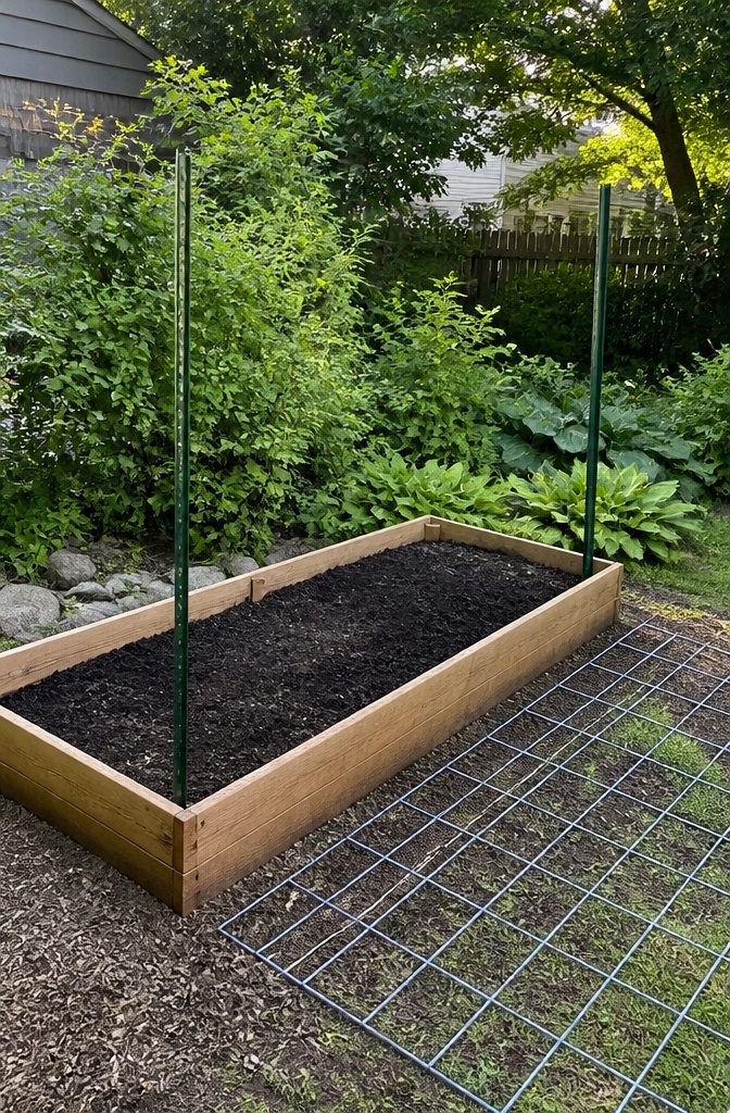 Raised Garden Bed Trellis: 6 Ways to Add Vertical Support 1 T-posts driven into the ground at a raised garden bed.