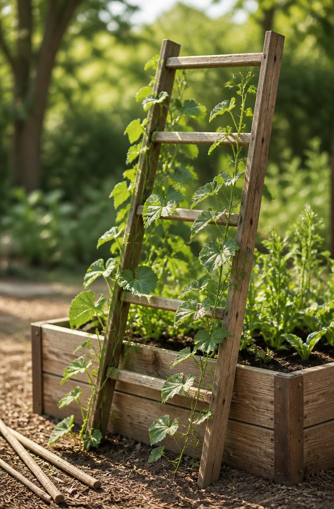 Raised Garden Bed Trellis: 6 Ways to Add Vertical Support 11 A ladder trellis positioned in a raised garden bed.