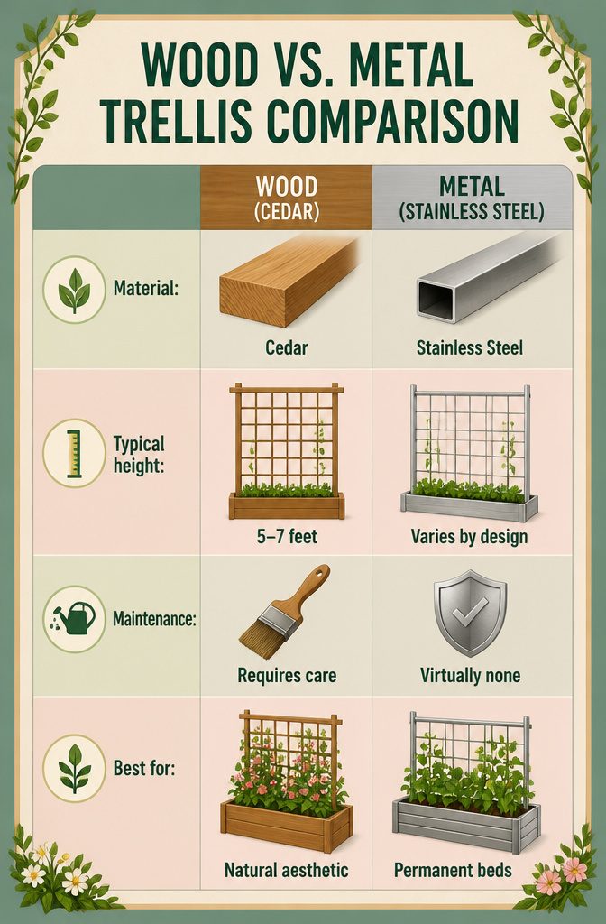 Raised Garden Bed Trellis: 6 Ways to Add Vertical Support 15 Comparison of wood and metal materials for garden trellises.