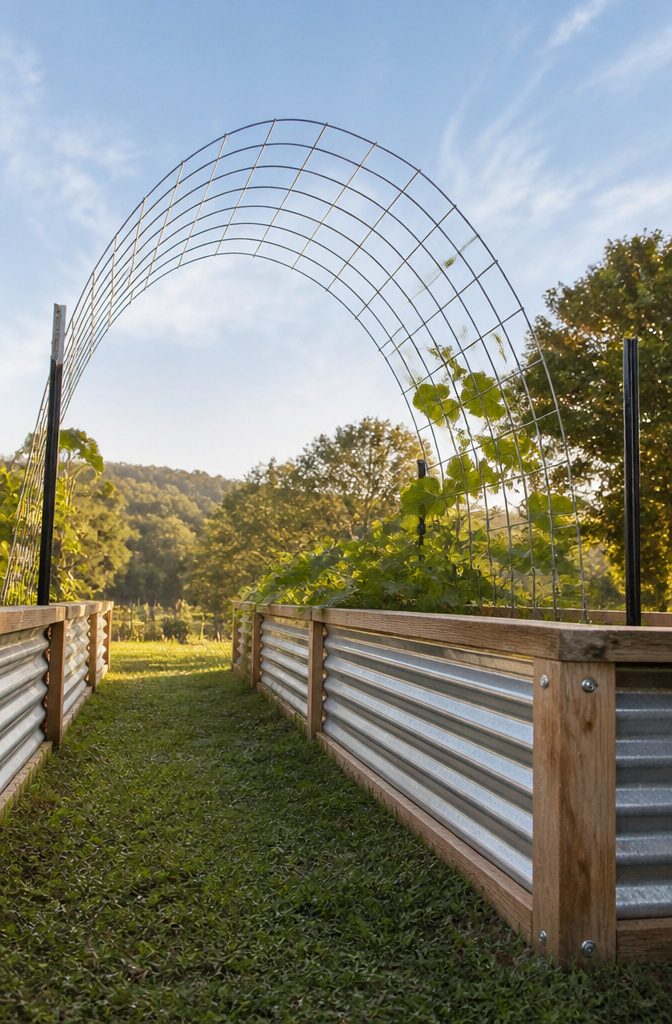 Raised Garden Bed Trellis: 6 Ways to Add Vertical Support 2 A 16-foot cattle panel arched between two raised beds.