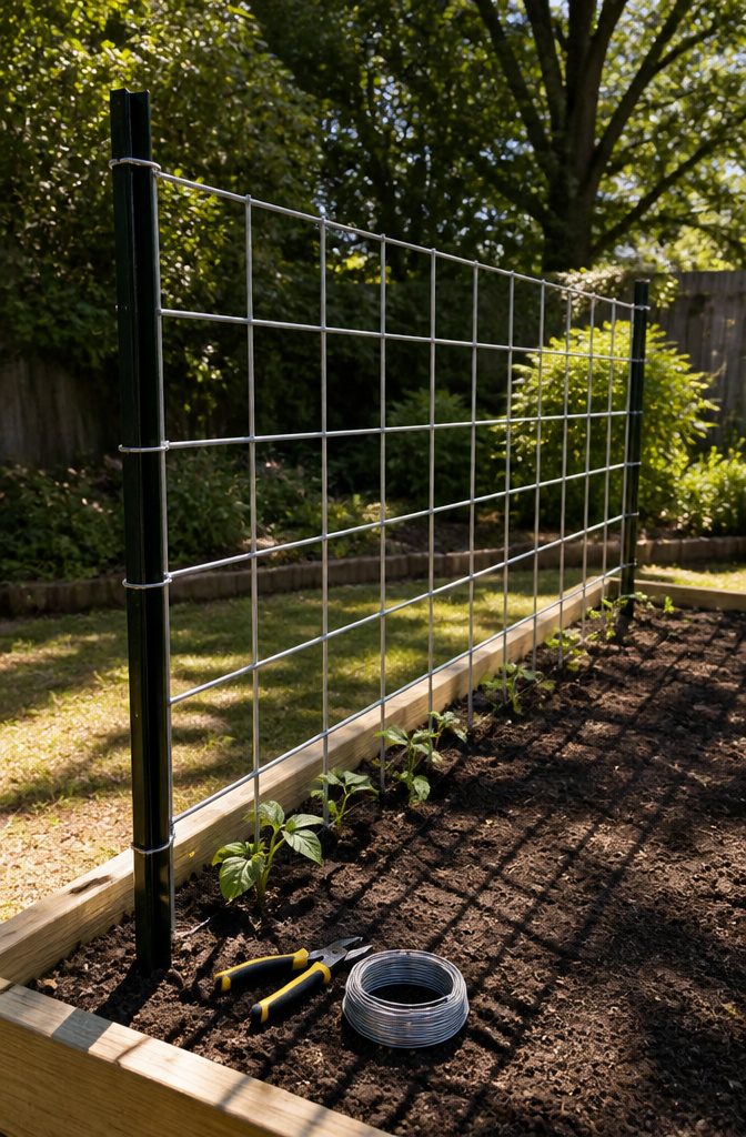 Raised Garden Bed Trellis: 6 Ways to Add Vertical Support 3 A cattle panel attached with wire ties to T-posts.