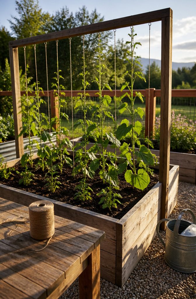 Raised Garden Bed Trellis: 6 Ways to Add Vertical Support 10 Twine stretched between a wooden frame supporting climbing plants.