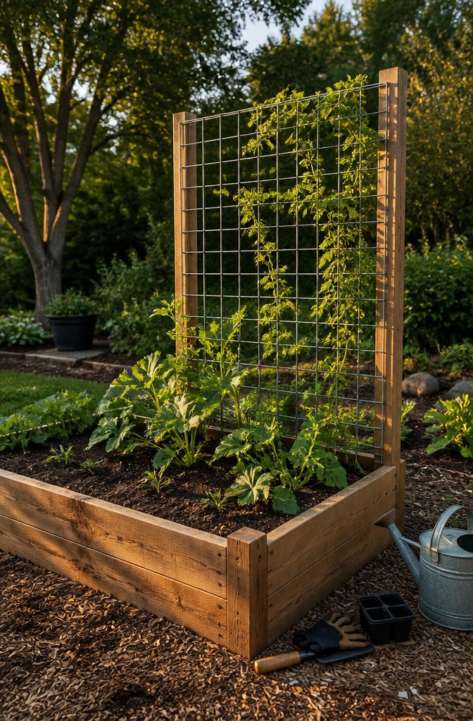 Raised Garden Bed Trellis: 6 Ways to Add Vertical Support 7 A wire panel trellis attached to wooden posts in a garden.