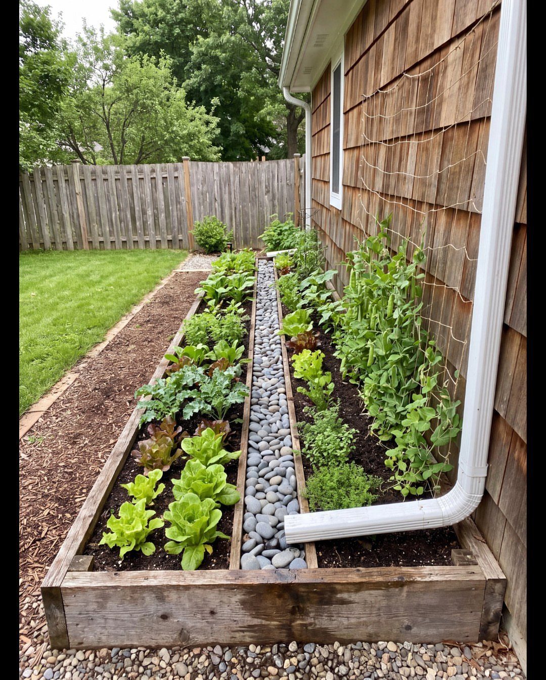 Green leafy vegetables growing in a long wooden raised garden bed with a central stone path.