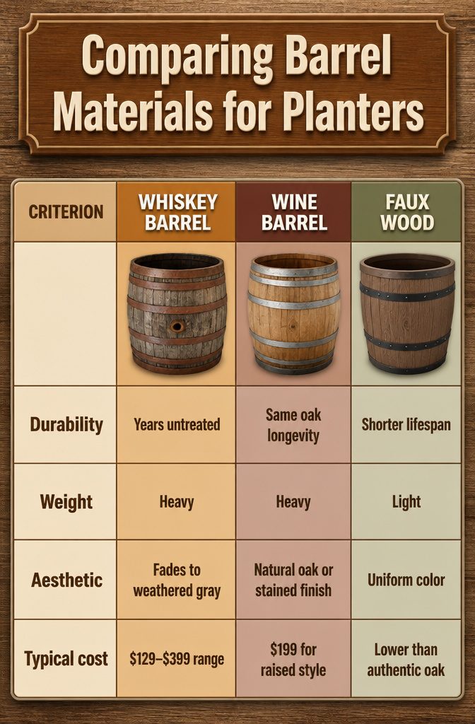 A chart comparing barrel materials for planters with durability ratings.