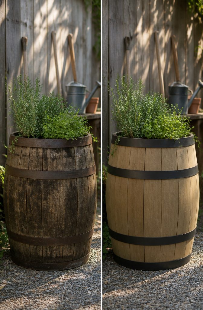 An oak barrel with visible wood grain and charred interior.