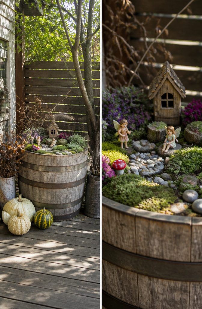 A raised barrel planter used for a fairy garden and decorative display.